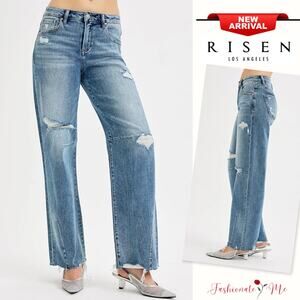 RISEN Mid Rise Waist Raw Hem Distressed Medium Wash Baggy Wide Leg Denim Jeans